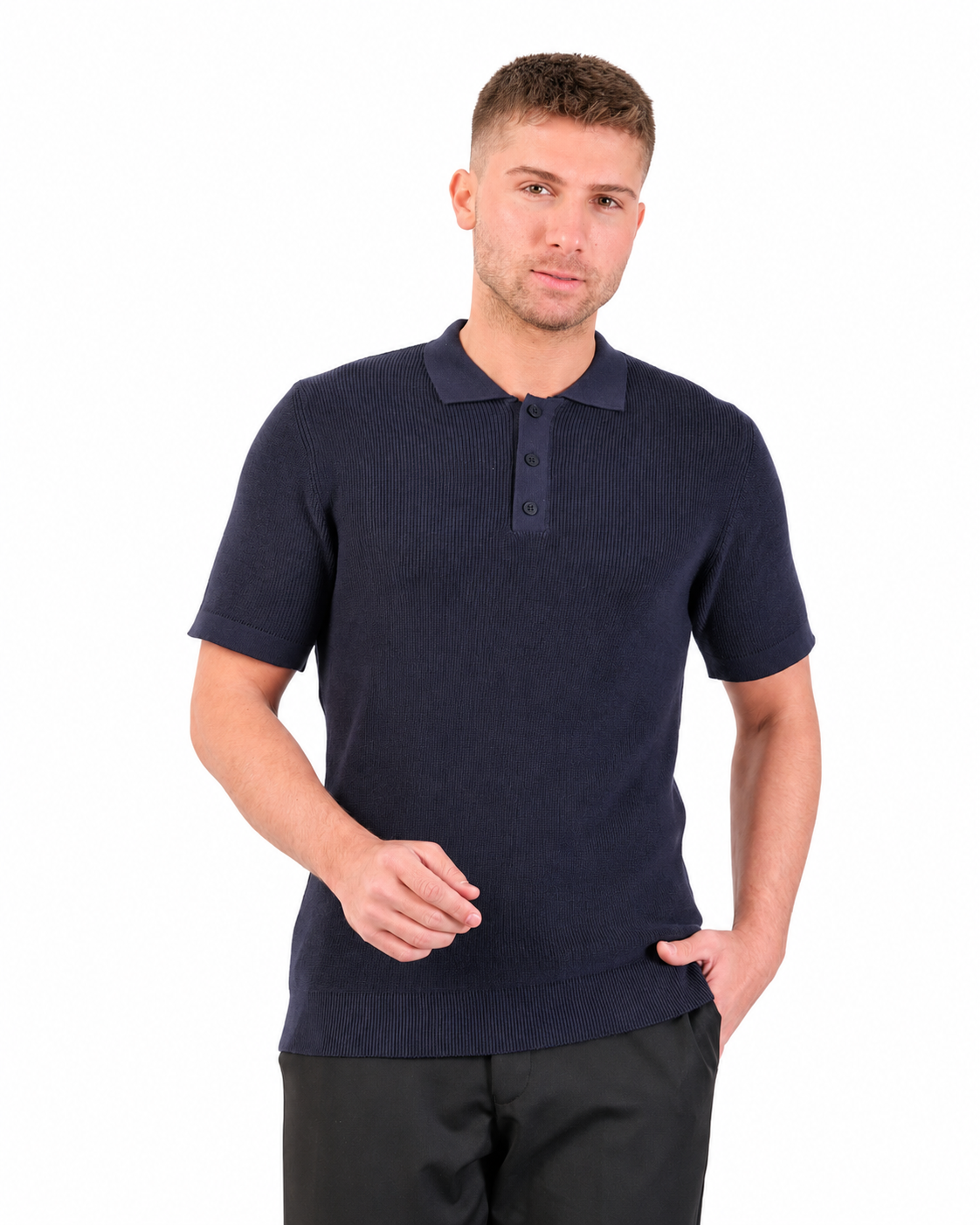 Navy Short Sleeve Ribbed Knit Polo Shirt