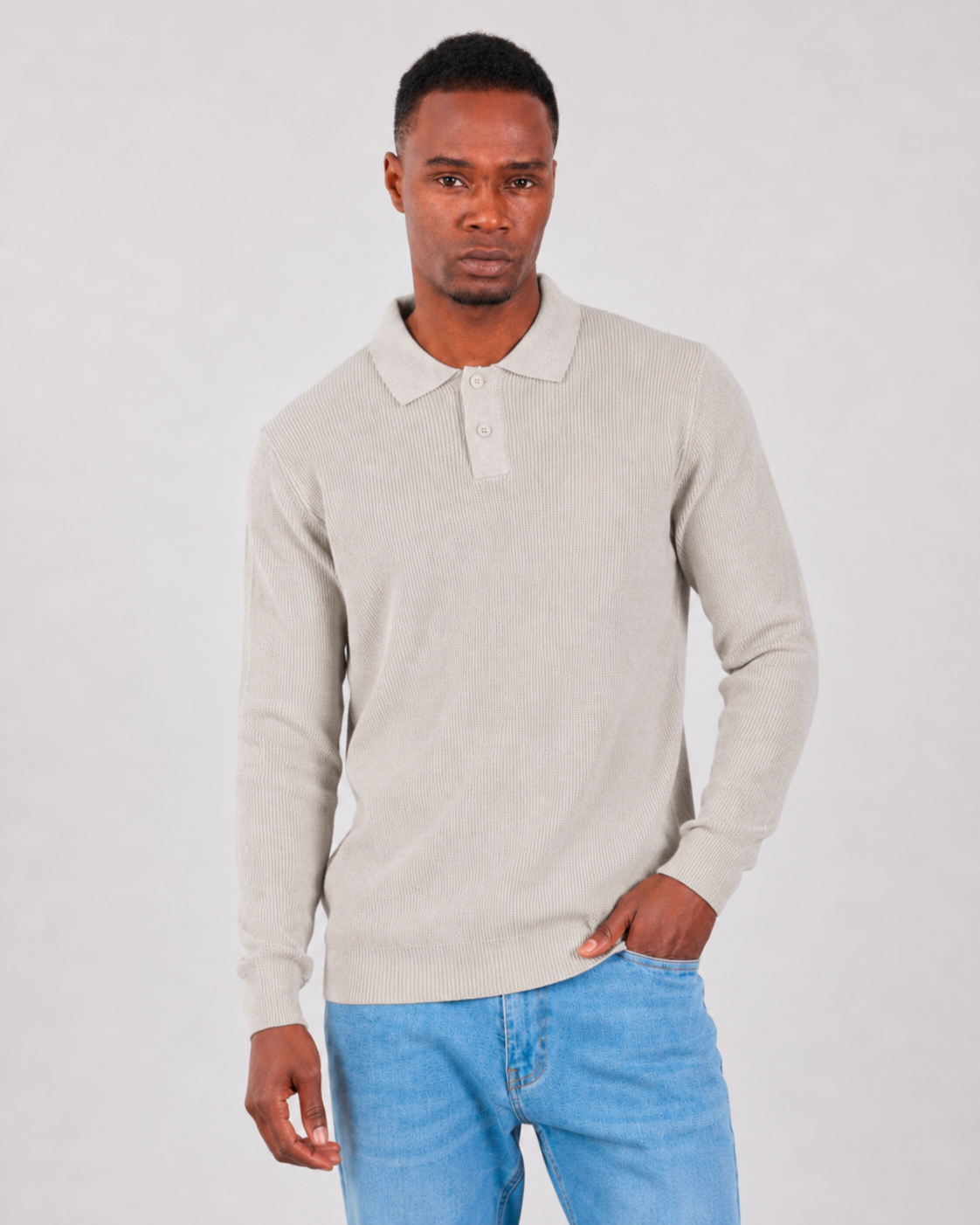Beige Long Sleeve Ribbed Knit Polo Shirt