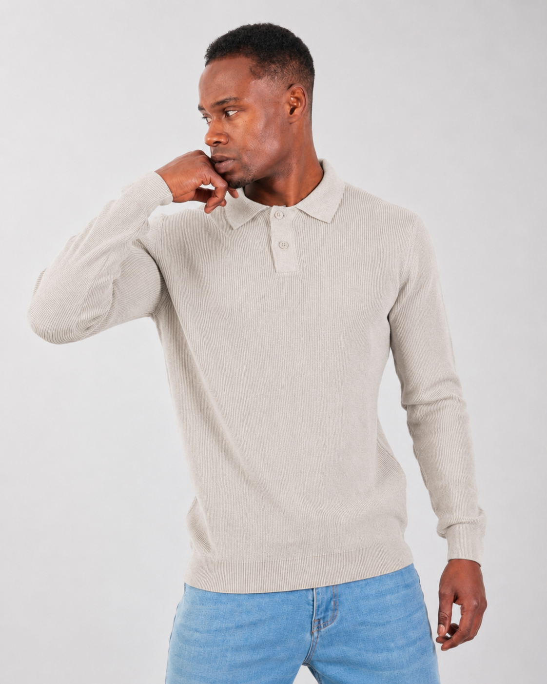 Beige Long Sleeve Ribbed Knit Polo Shirt