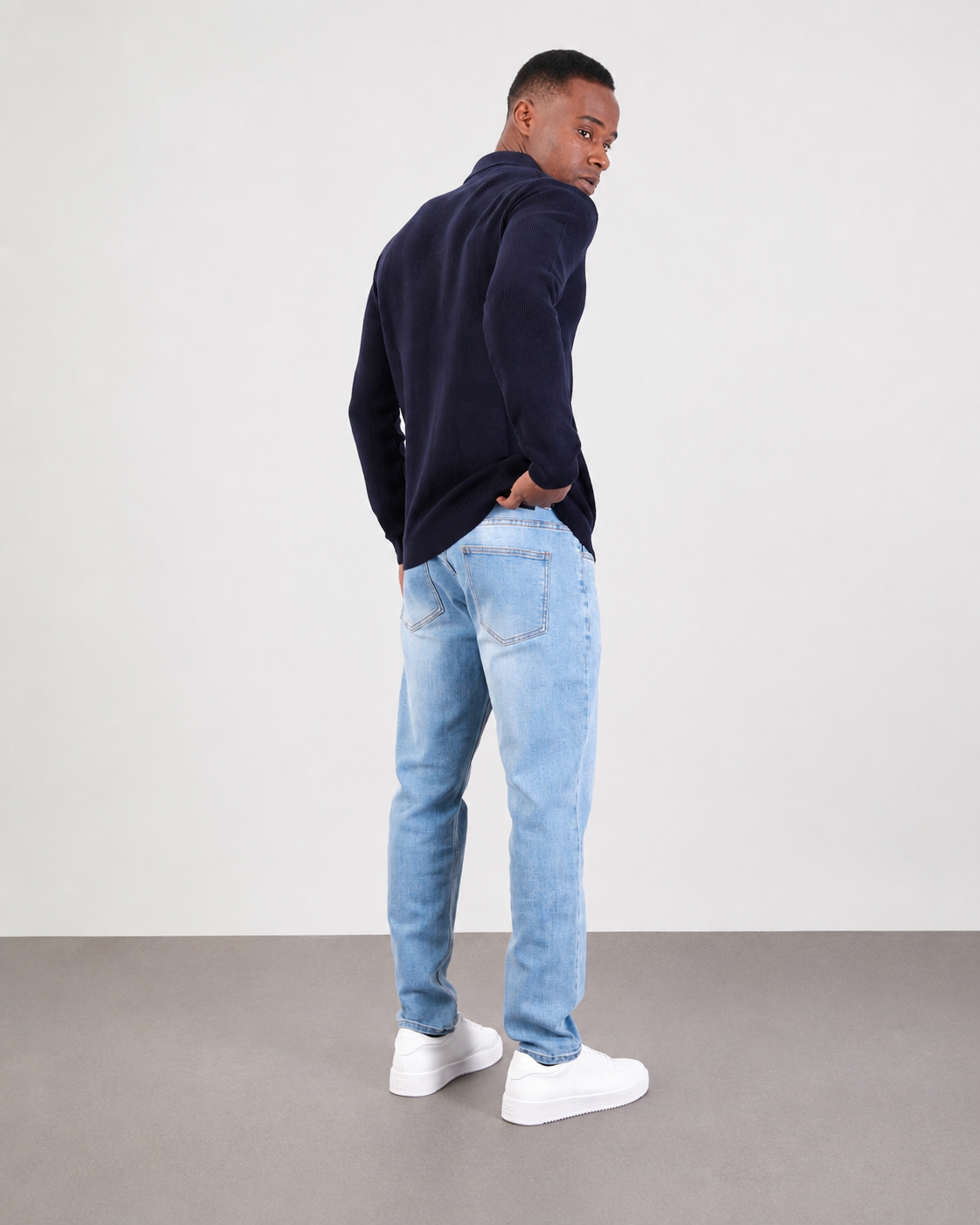 Navy Long Sleeve Ribbed Knit Polo Shirt