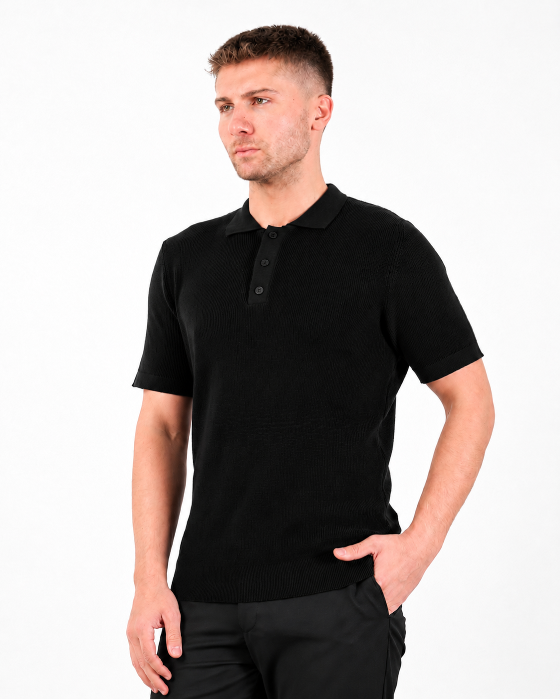 Black Short Sleeve Ribbed Knit Polo Shirt