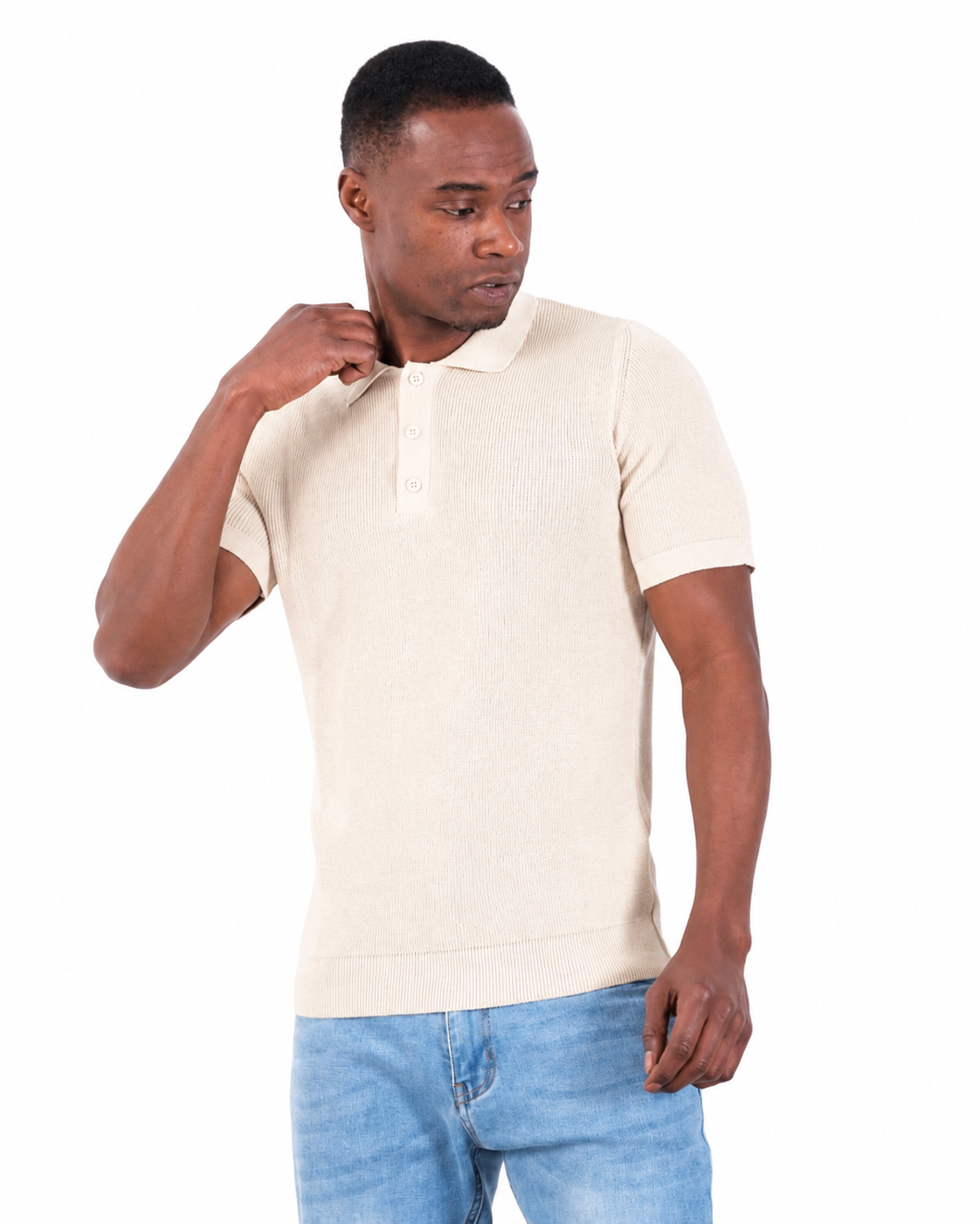 Beige Short Sleeve Ribbed Knit Polo Shirt