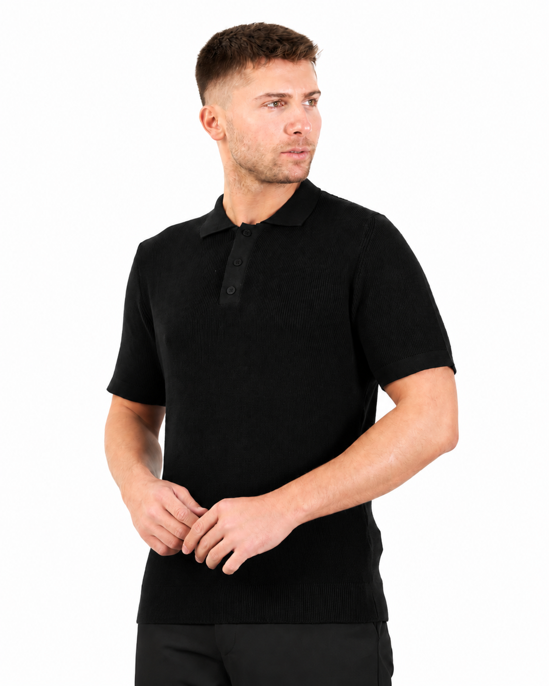 Black Short Sleeve Ribbed Knit Polo Shirt