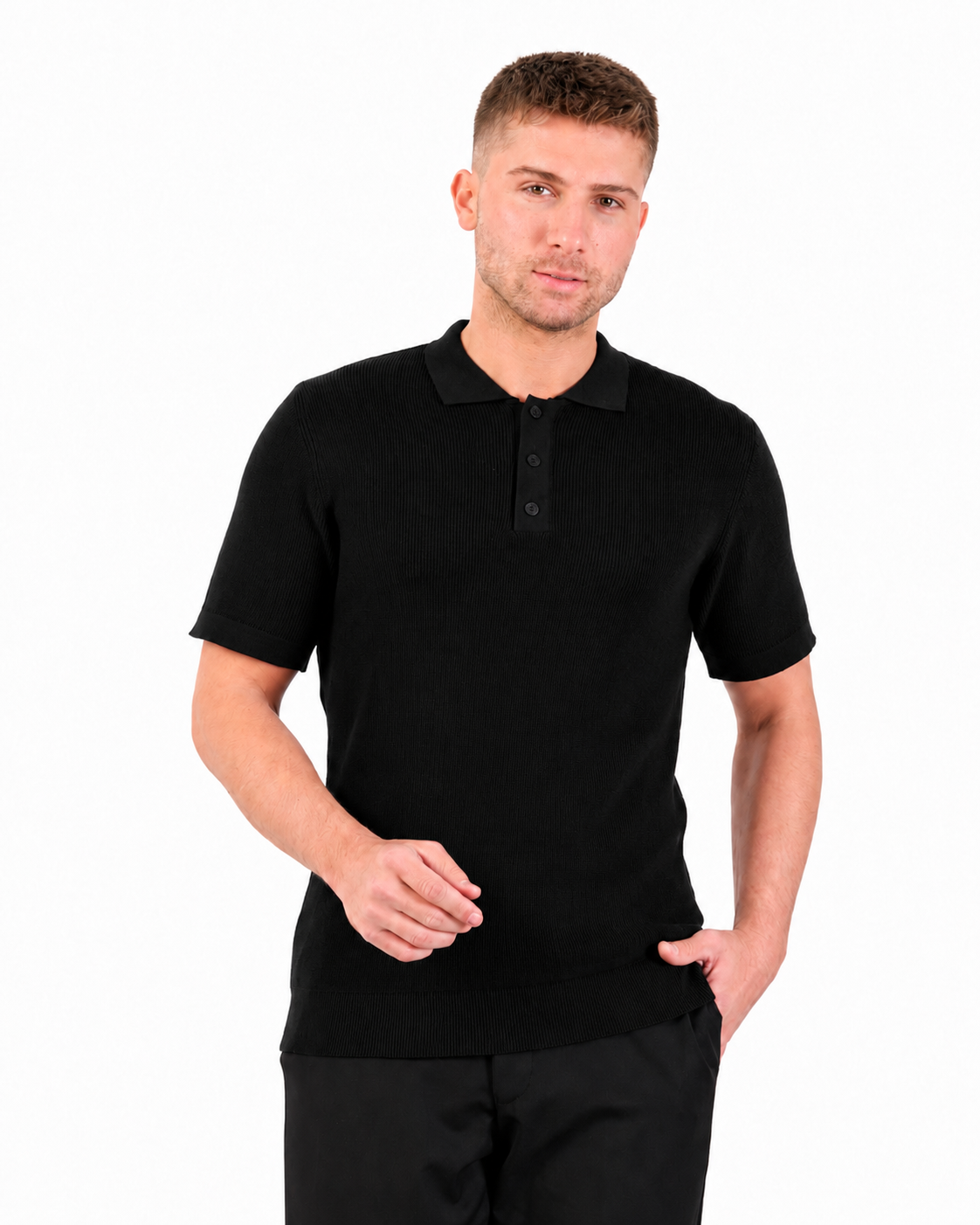 Black Short Sleeve Ribbed Knit Polo Shirt