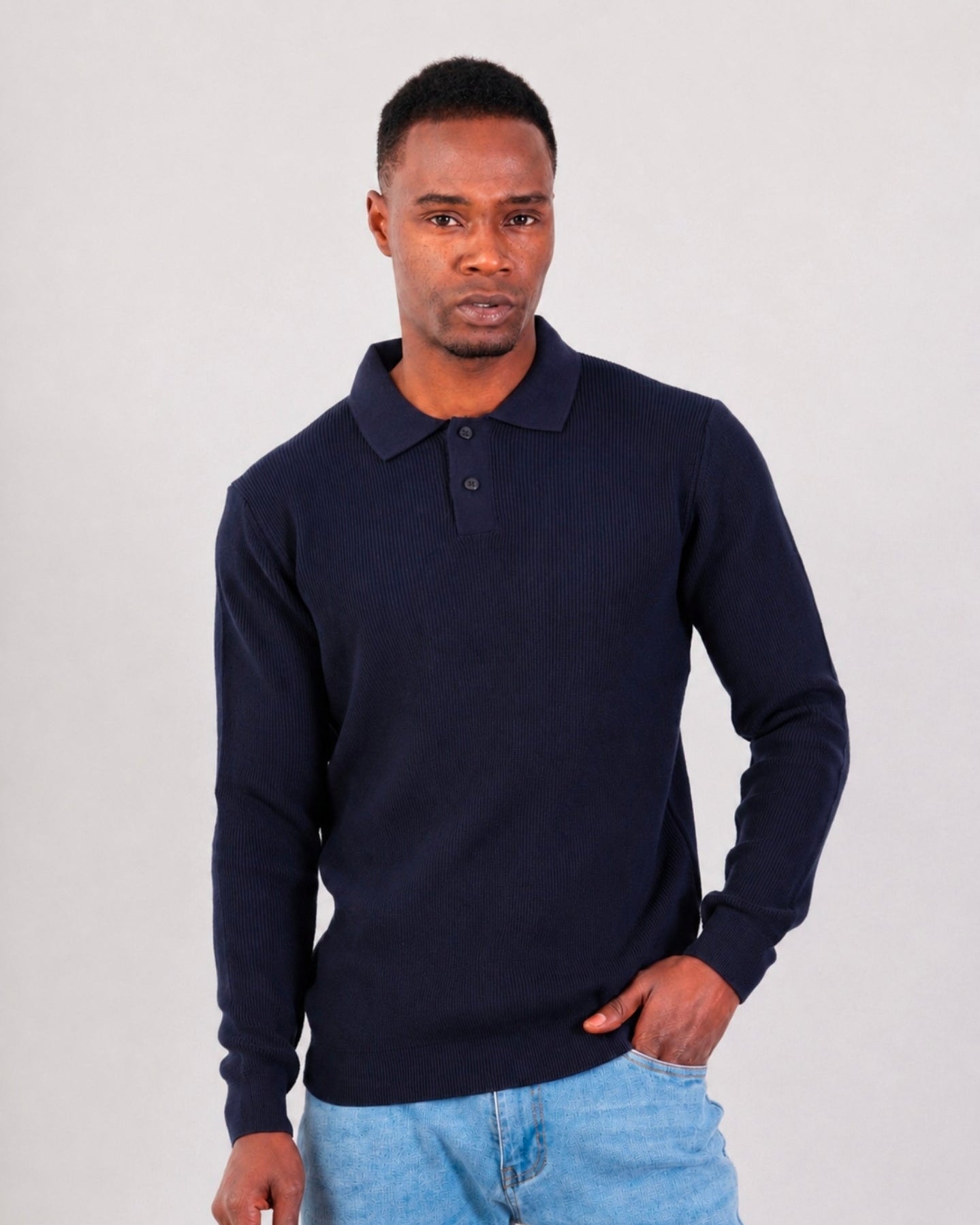 Navy Long Sleeve Ribbed Knit Polo Shirt