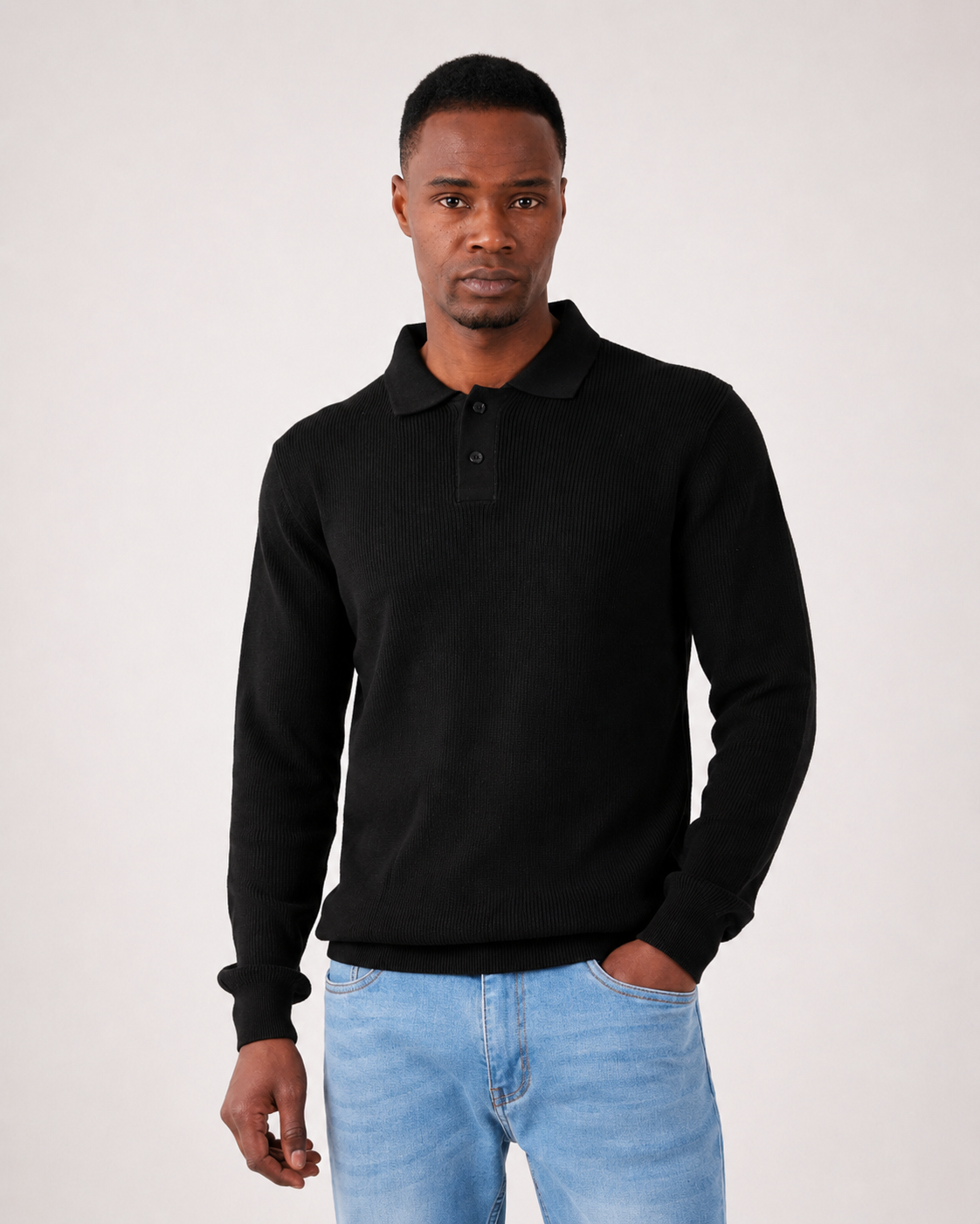Black Long Sleeve Ribbed Knit Polo Shirt