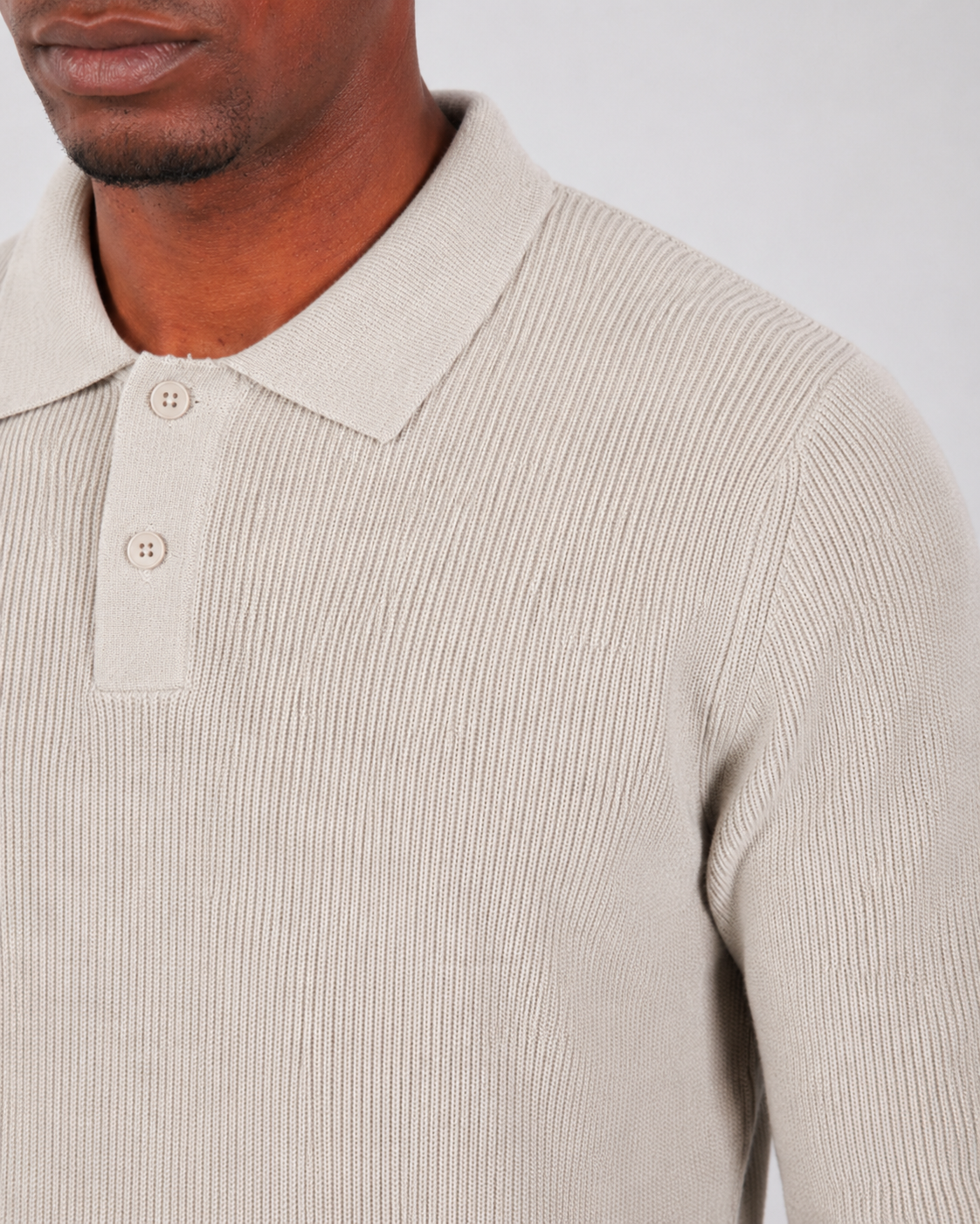 Beige Long Sleeve Ribbed Knit Polo Shirt