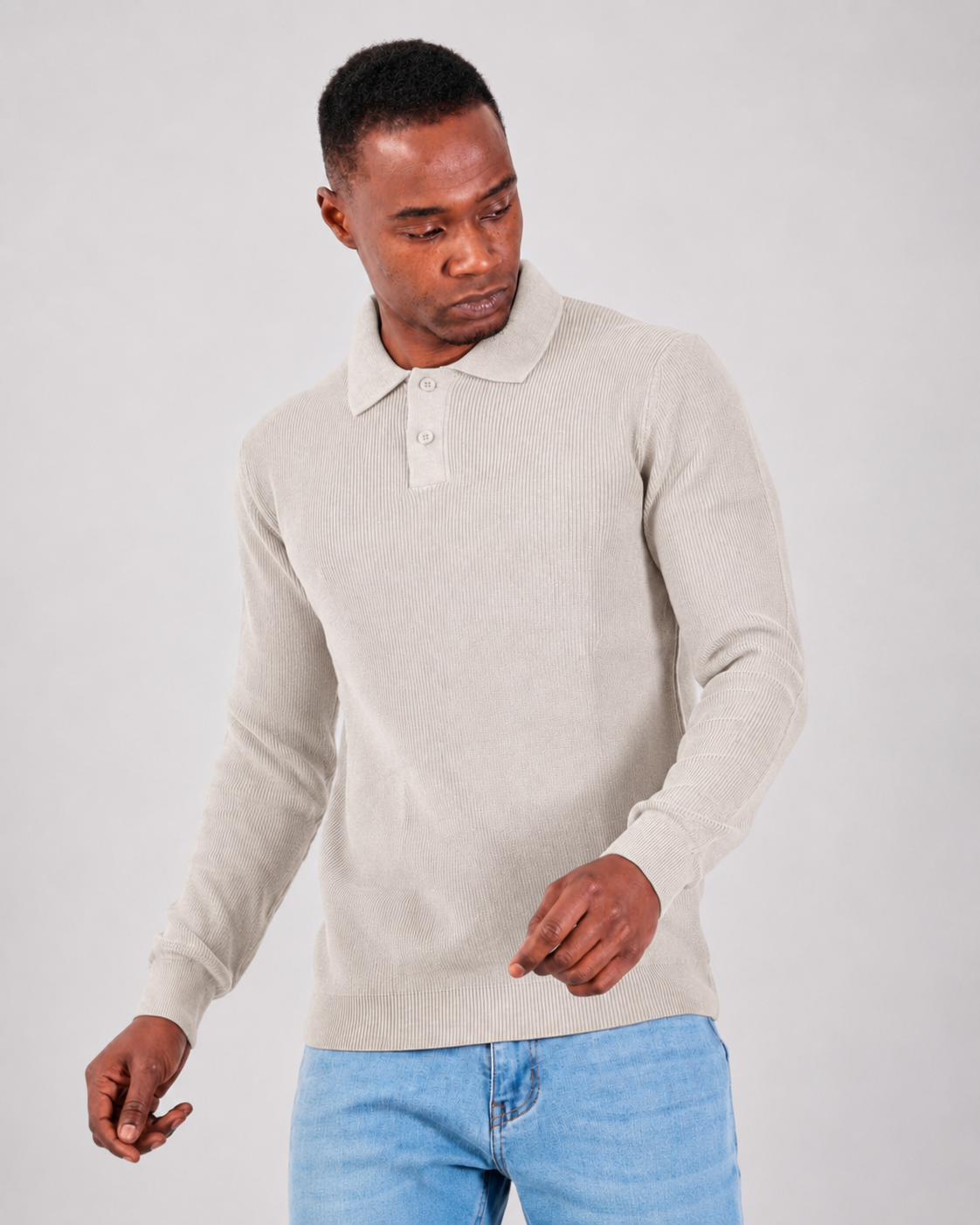 Beige Long Sleeve Ribbed Knit Polo Shirt
