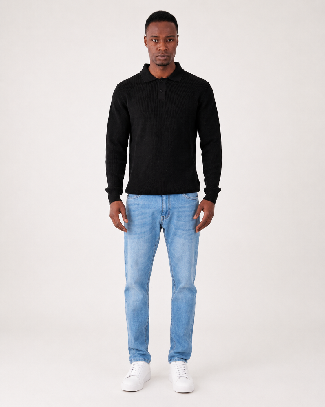Black Long Sleeve Ribbed Knit Polo Shirt