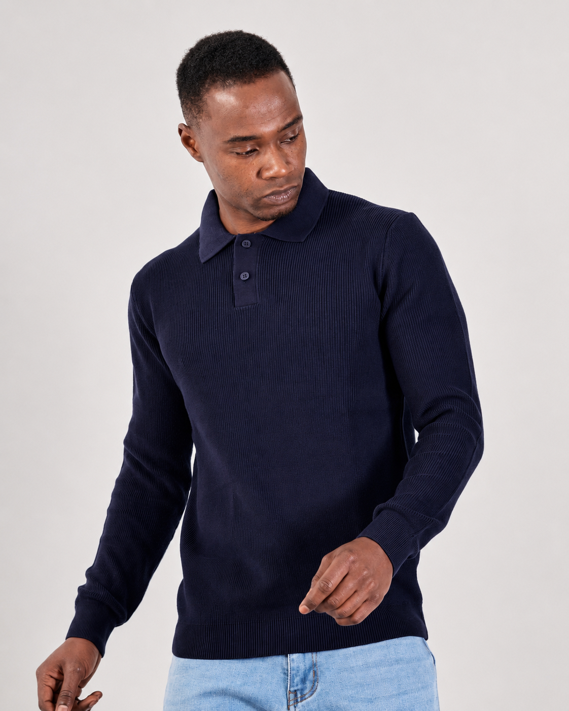 Navy Long Sleeve Ribbed Knit Polo Shirt