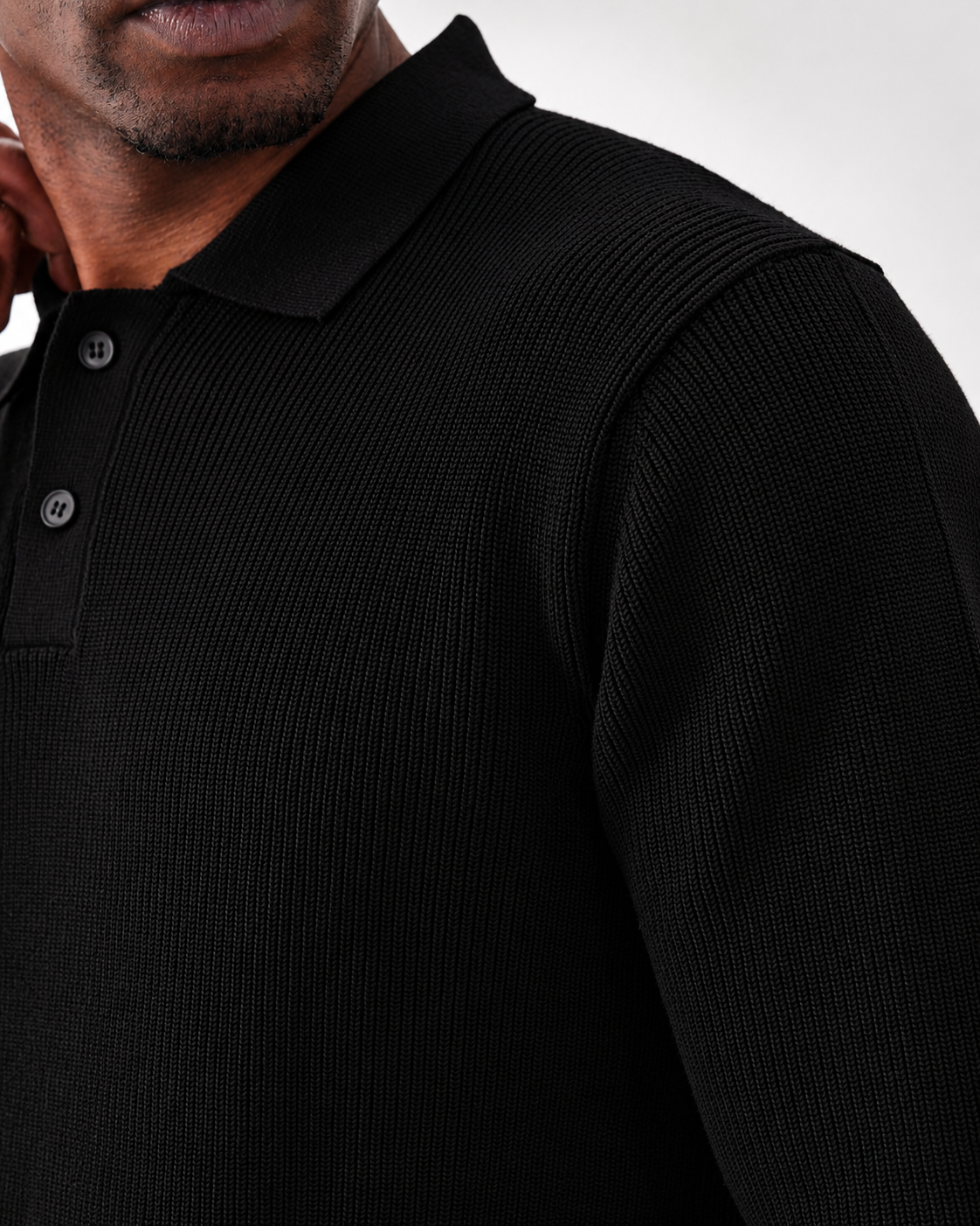 Black Long Sleeve Ribbed Knit Polo Shirt