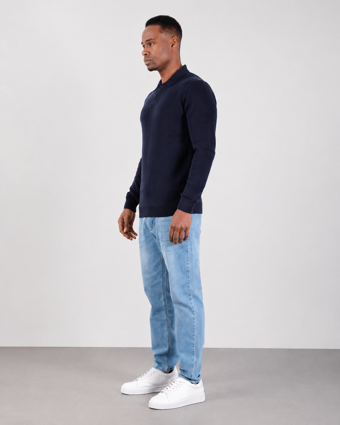 Navy Long Sleeve Ribbed Knit Polo Shirt
