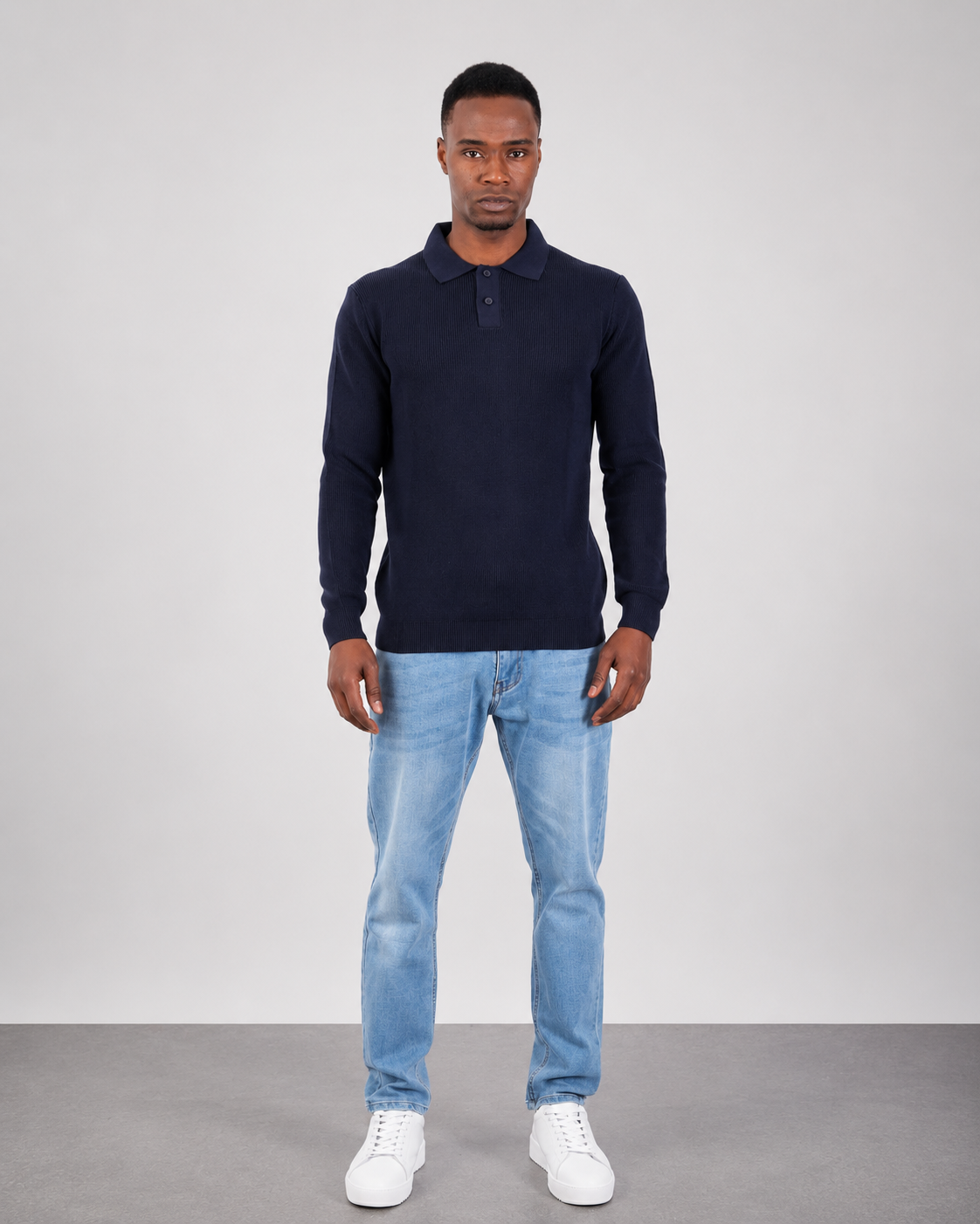 Navy Long Sleeve Ribbed Knit Polo Shirt