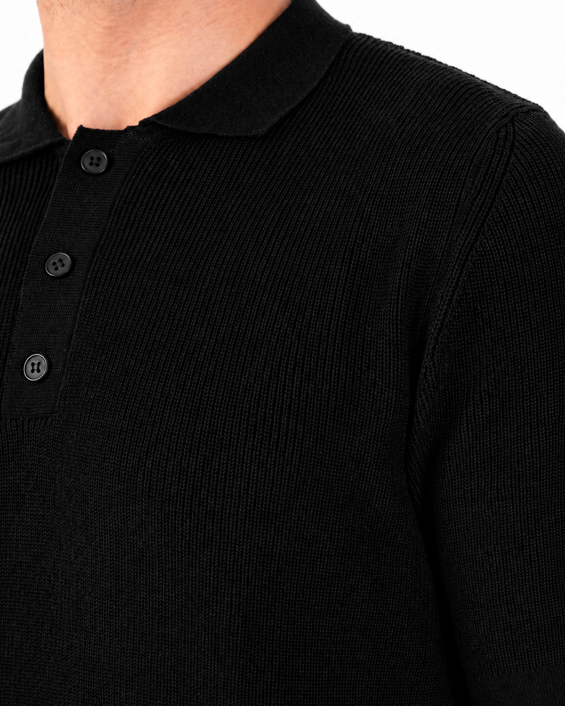 Black Short Sleeve Ribbed Knit Polo Shirt