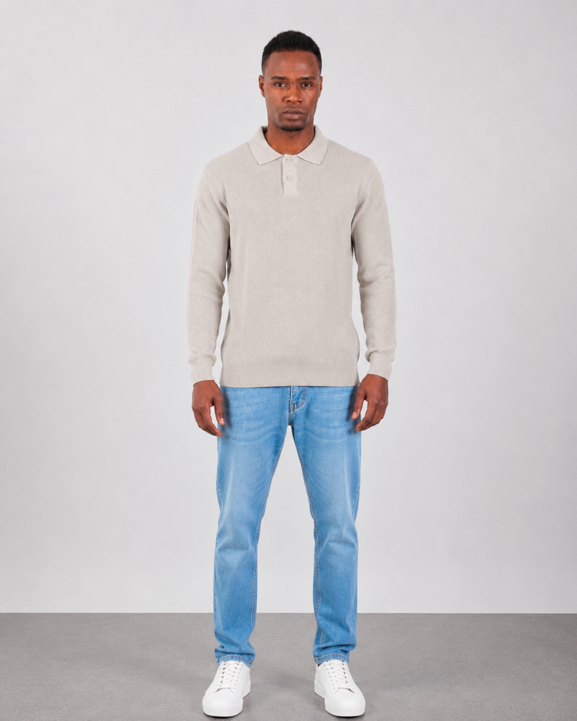 Beige Long Sleeve Ribbed Knit Polo Shirt