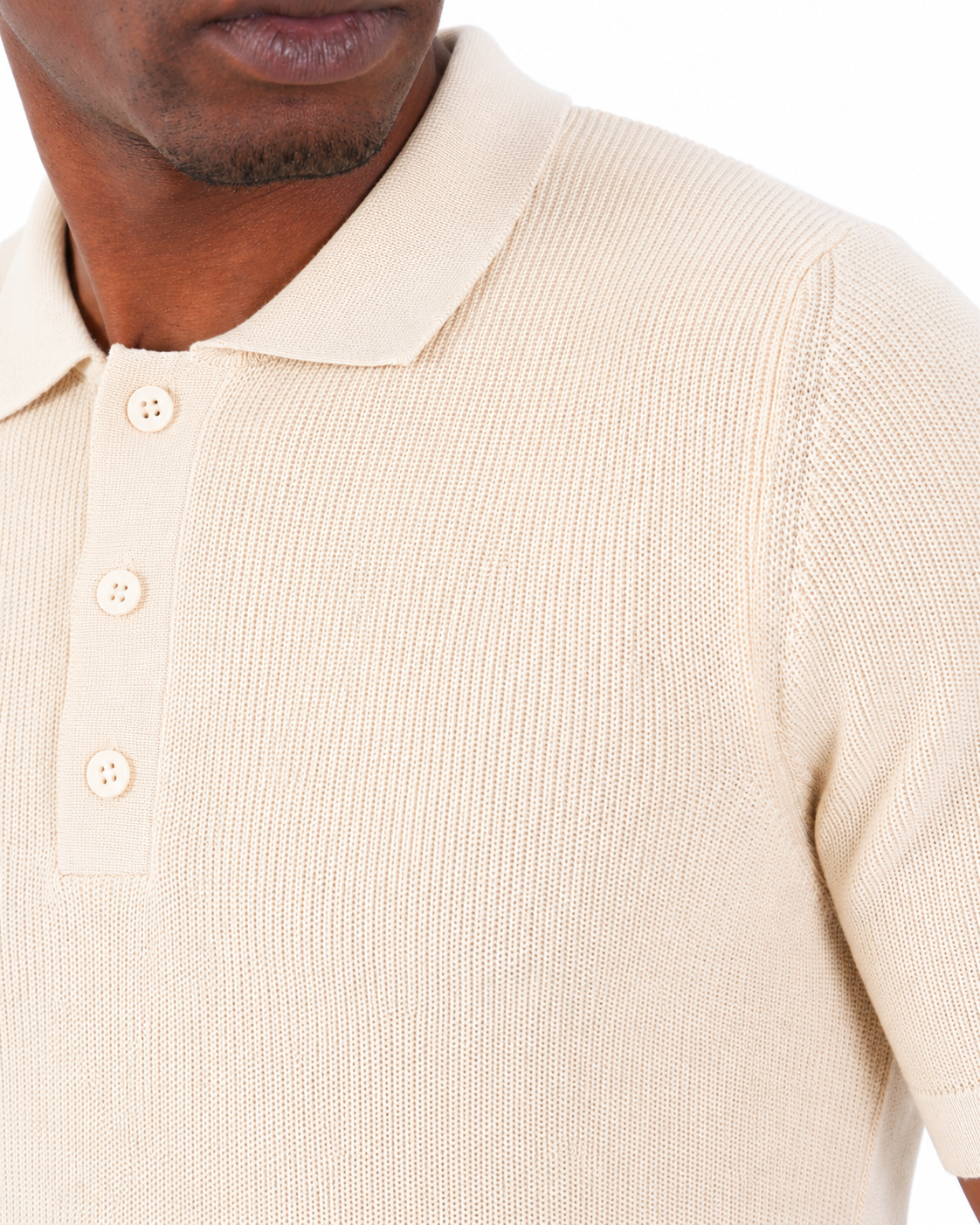 Beige Short Sleeve Ribbed Knit Polo Shirt