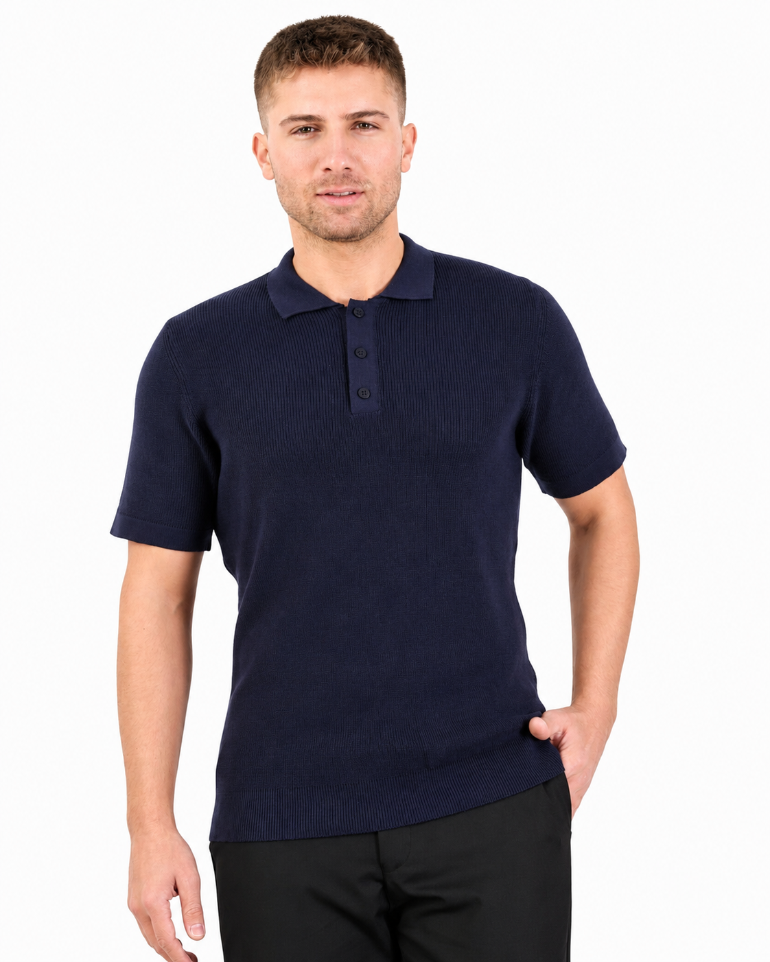 Navy Short Sleeve Ribbed Knit Polo Shirt