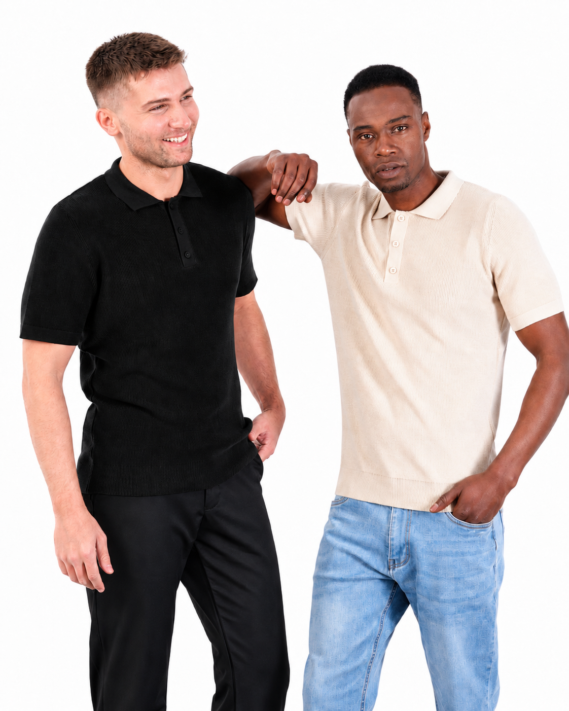 Black Short Sleeve Ribbed Knit Polo Shirt