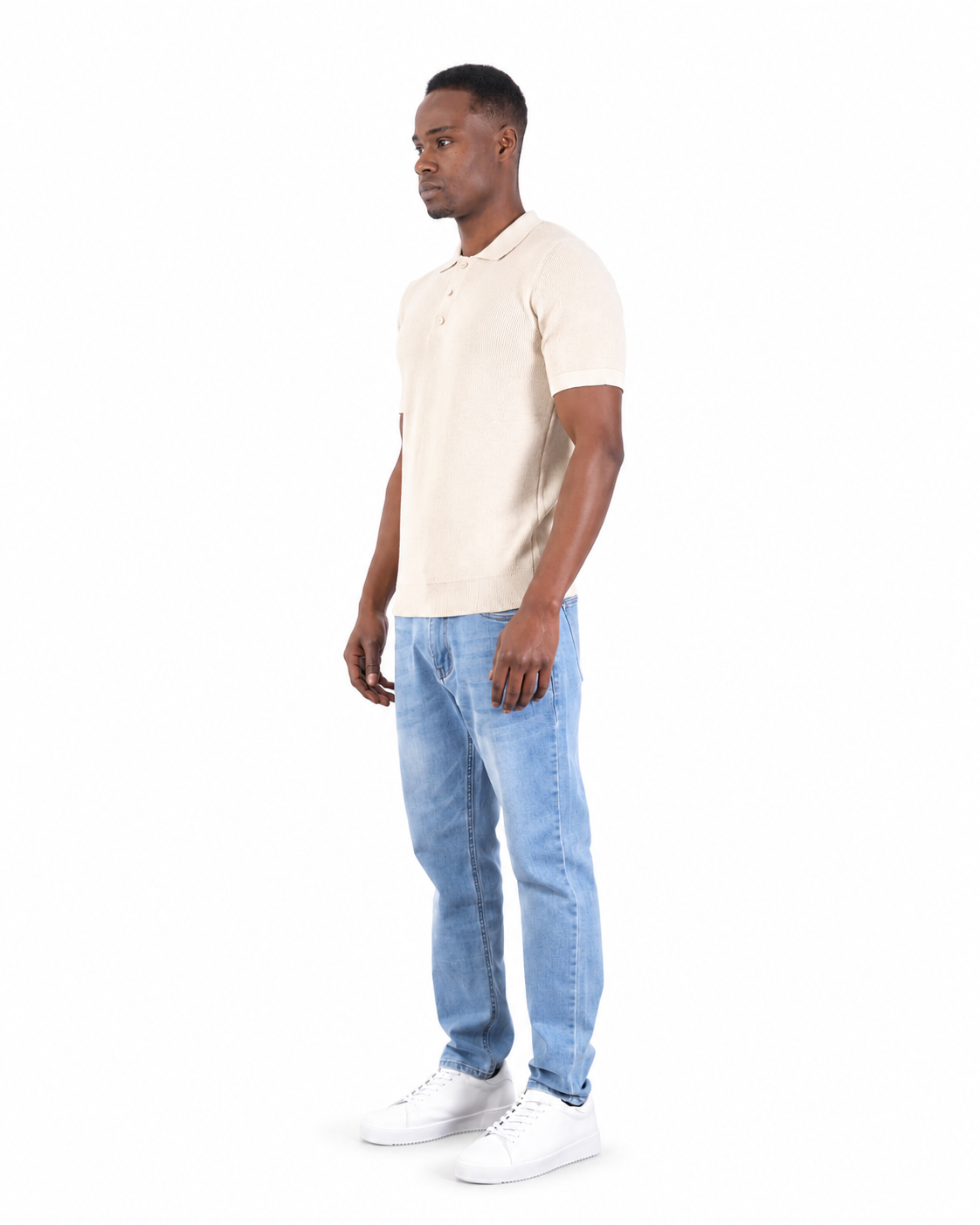 Beige Short Sleeve Ribbed Knit Polo Shirt