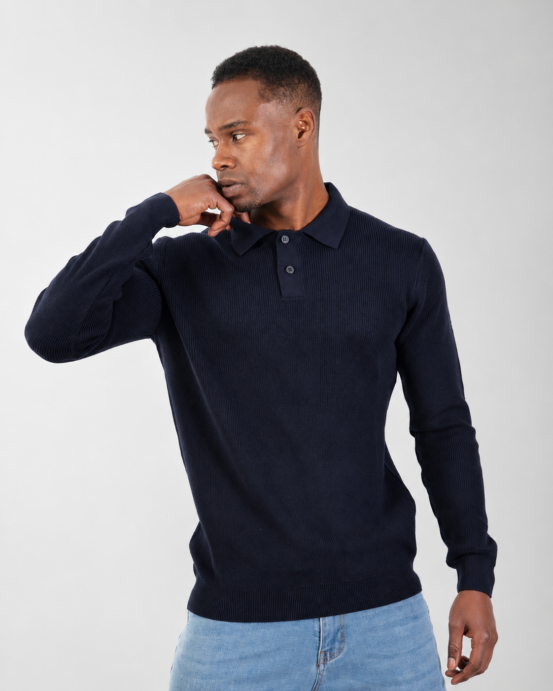 Navy Long Sleeve Ribbed Knit Polo Shirt