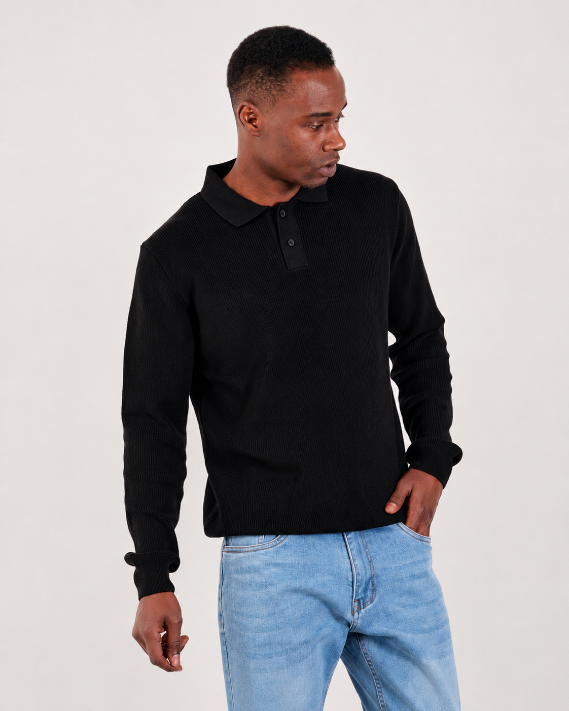 Black Long Sleeve Ribbed Knit Polo Shirt