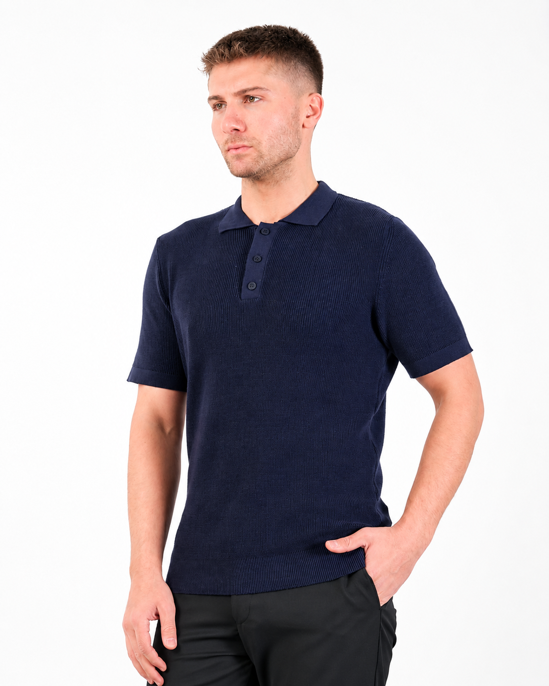 Navy Short Sleeve Ribbed Knit Polo Shirt