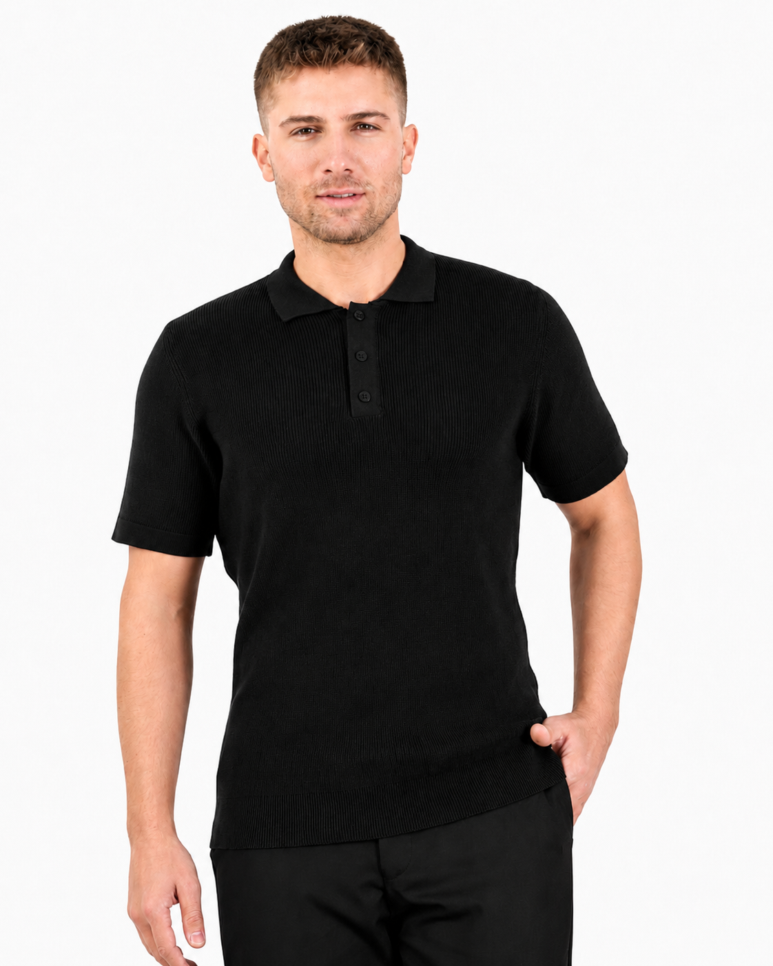 Black Short Sleeve Ribbed Knit Polo Shirt