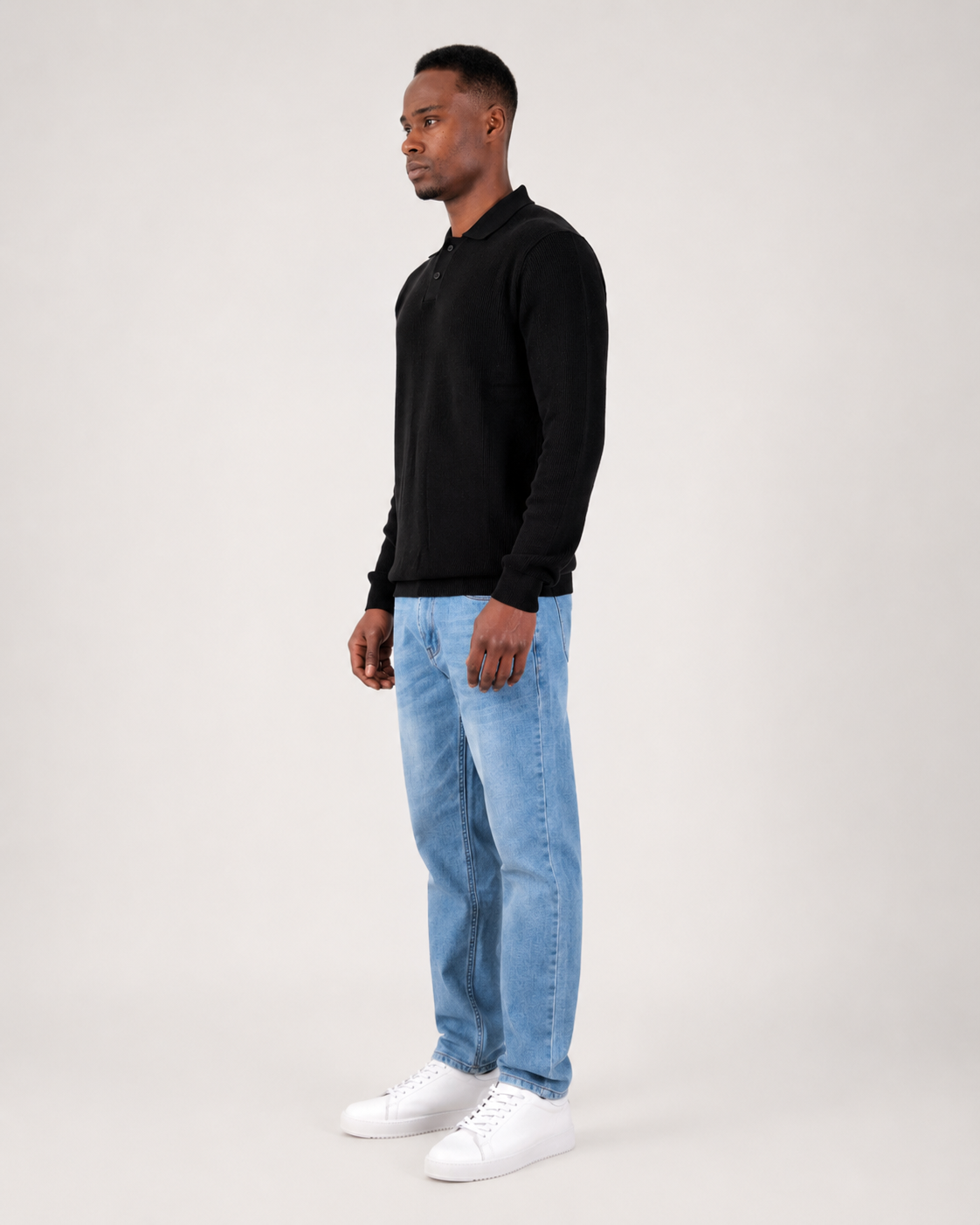 Black Long Sleeve Ribbed Knit Polo Shirt