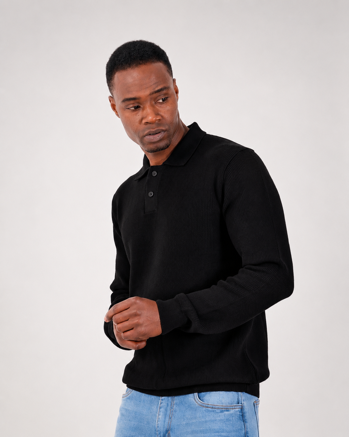 Black Long Sleeve Ribbed Knit Polo Shirt