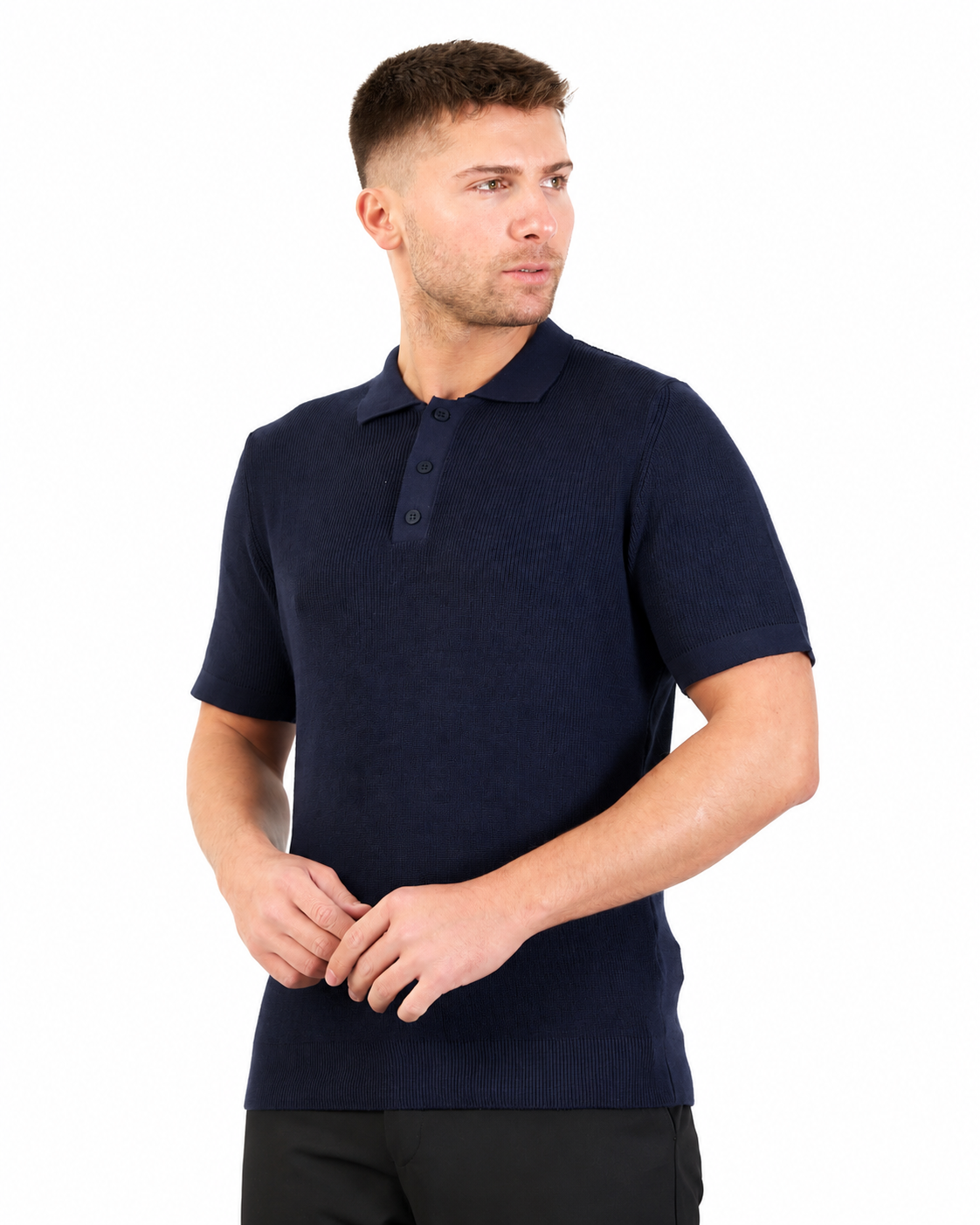 Navy Short Sleeve Ribbed Knit Polo Shirt