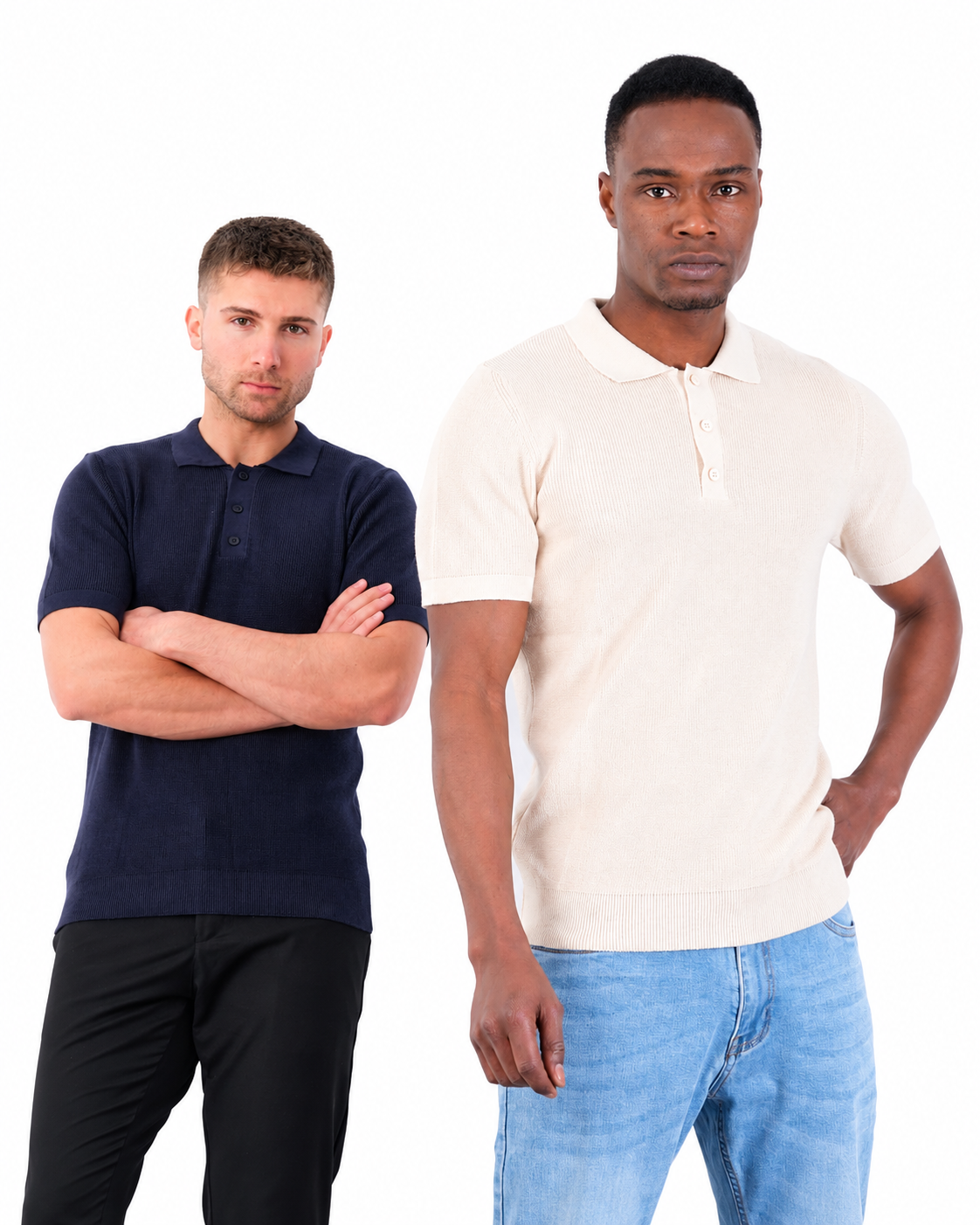 Beige Short Sleeve Ribbed Knit Polo Shirt