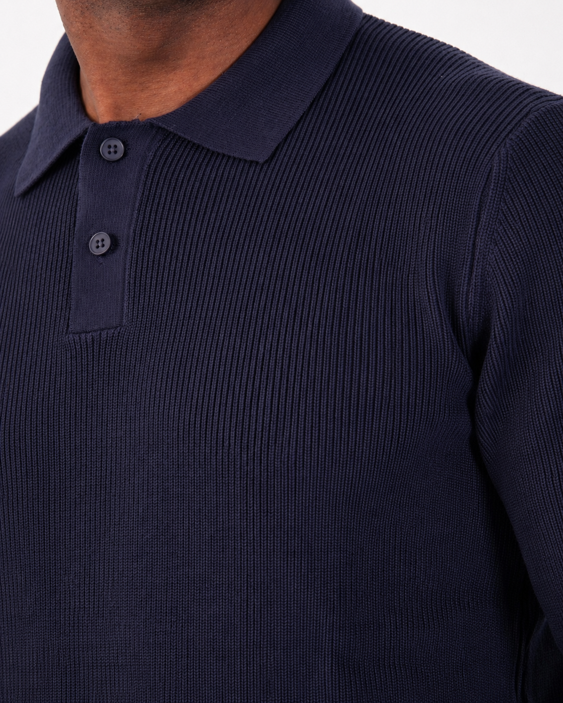 Navy Long Sleeve Ribbed Knit Polo Shirt
